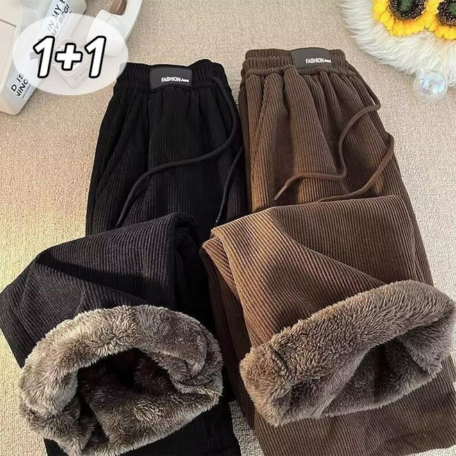 1+1 남자 기모 와이드 팬츠 밴딩 스트링 코듀로이 방한 겨울바지 일자 캐주얼 융털바지