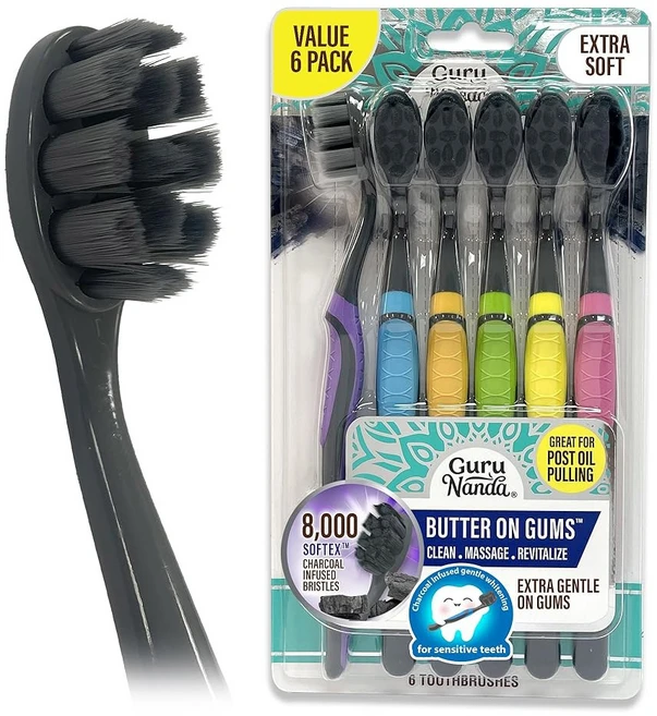 GuruNanda Butter on Gums 차콜 칫솔 - 민감한 치아 및 잇몸을 위한 8000+ SoftexTM 칫솔모 치아 미백 보조 매우 부드러움 (6개), 6 Count (Pack of 1), 1개 - 쿠팡