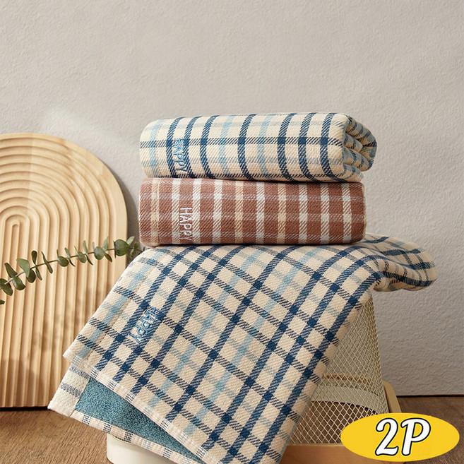 1+1 순면 거즈 고리타월 체크 핸드타월 부드러운 세면타월, 2개, 블루+블루