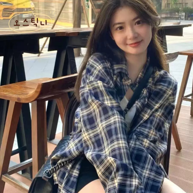 오스틱니 초특가 여성용 봄가을 외출용 루즈핏 체크 셔츠