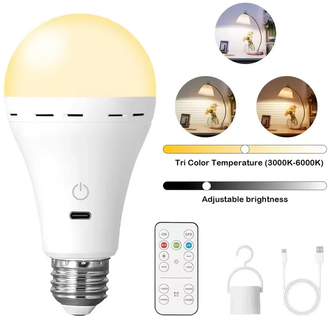 1/2개 3색 USB LED 전구 충전식 스마트 디밍 가능 E27 타이밍 무선 배터리 작동, 01 3color-1pc