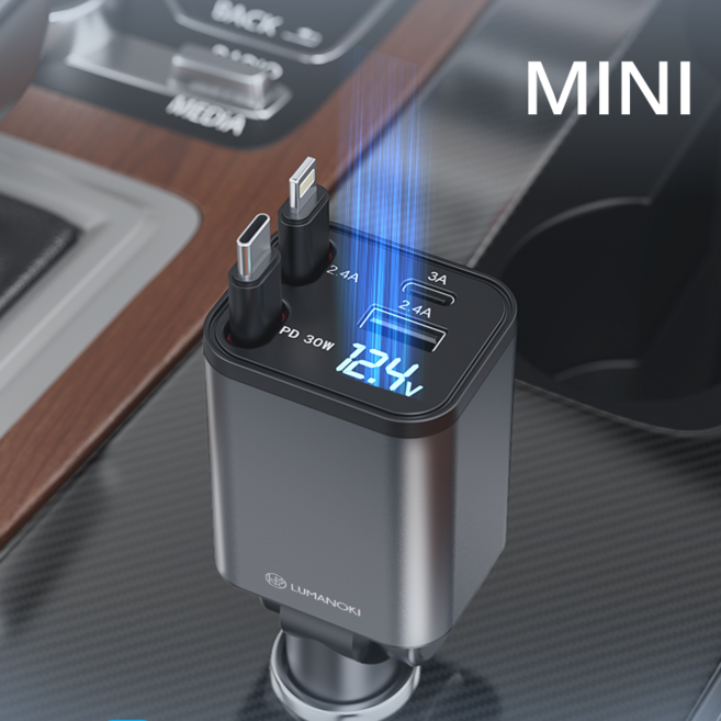 LUMANOKI 100W 4구 릴타입 차량용 고속충전기, 네모 mini C타입+8핀(아이폰 구형)