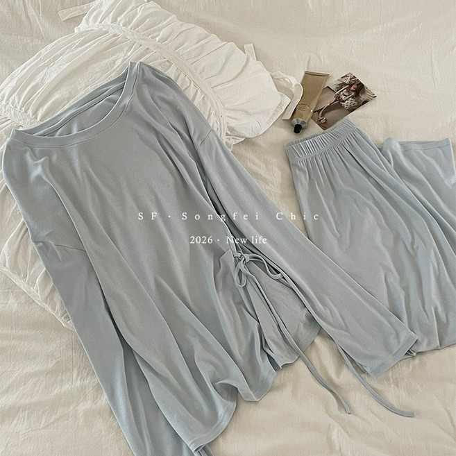 3230春夏新款莫代爾親膚家居服女長袖舒適寬鬆繫帶純色睡衣女套裝