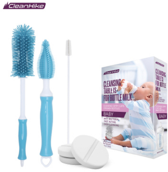 미국 클린하이크 아기 젖병 발포 세정제(1팩-30정) + 실리콘 젖병솔 3종 세트(블루), 1개