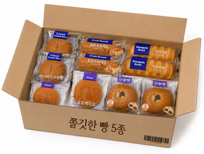 쫄깃한빵 5종(단팥빵/카스타드/우유케이크/키다리크림빵/후르츠브레드) 각2봉씩 총10봉, 1세트, 920g