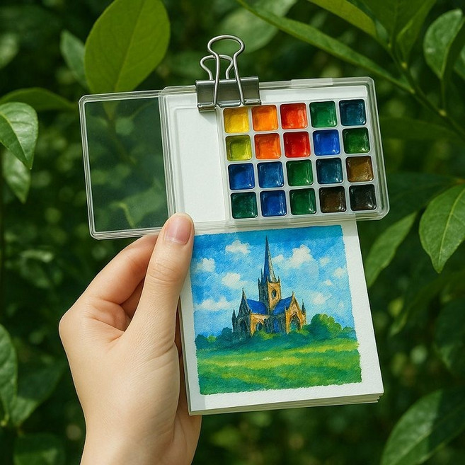 BIKASU 미니 수채화 물감 회화 세트 휴대용 스케치북 컬러링 작은 그림판 여행용 케이스 휴대용 다이어리, 1개, 21칸 세트