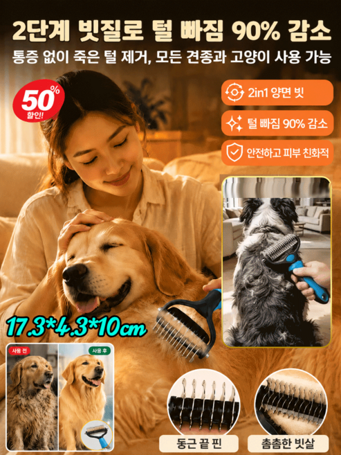 강아지·고양이 겸용 양면 엉킴 제거 브러시 펫 전용 털 제거 브러쉬 올인원 엉킨털 털날림 제거 브러쉬, 17.3*4.3*10cm, 블루*[1개]