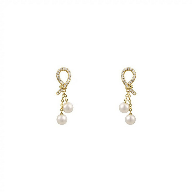 Zevora 귀걸이 14K 도금 고급스러운 물방울 매듭 지르콘 더블 진주 펜던트 럭셔리 귀걸이 활기차고 부드러운 우아한 분위기 여성 데일리 출근 데이트 선물 추천 세련된 쇼핑백 패