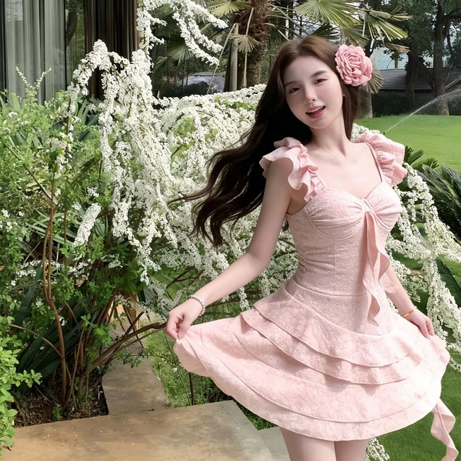 連體吊帶裙式泳衣 遮肉顯瘦 度假泳裝, 粉色甜美超仙,M45.0-52.5公斤