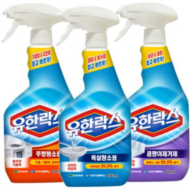 유한락스 욕실청소+주방청소+곰팡이제거제 600ml 스프레이, 3개