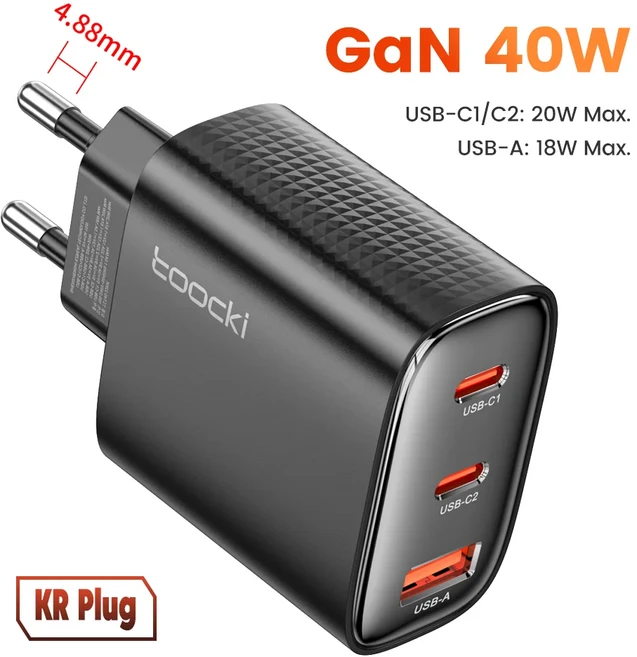 TOOCKI 40W GAN USB 충전기 C QC 4.0 충전 듀얼 C 아이폰 호환 호환 5 4 3 2 PRO MAX 삼성기기 호환 호환 S23 용 고속 전화 충전기, 02 KR Black, 1개, 1개입