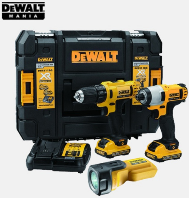 (Dewalt) 디월트 DCK211D2T 충전 임팩드릴 드라이버 콤보 세트 10.8V 2.0AH 배터리 2개 작업등, 1개