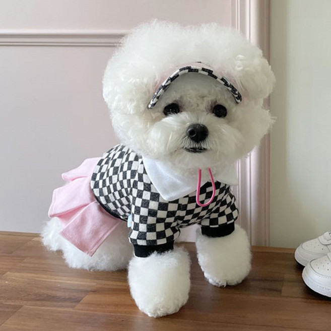 강아지 체크 카라 원피스 애견 옷 모자 세트 고양이 SET 골프복 WI089DG, 블랙, 1개
