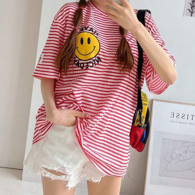 빅걸스토리 여성 빅사이즈 단가라 박스핏 해피 스마일 반팔티