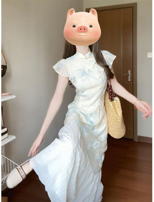 DIU 新中式國風改良版旗袍連衣裙子女裝新款夏季氣質絕美收腰長裙, M【建議95-105斤】
