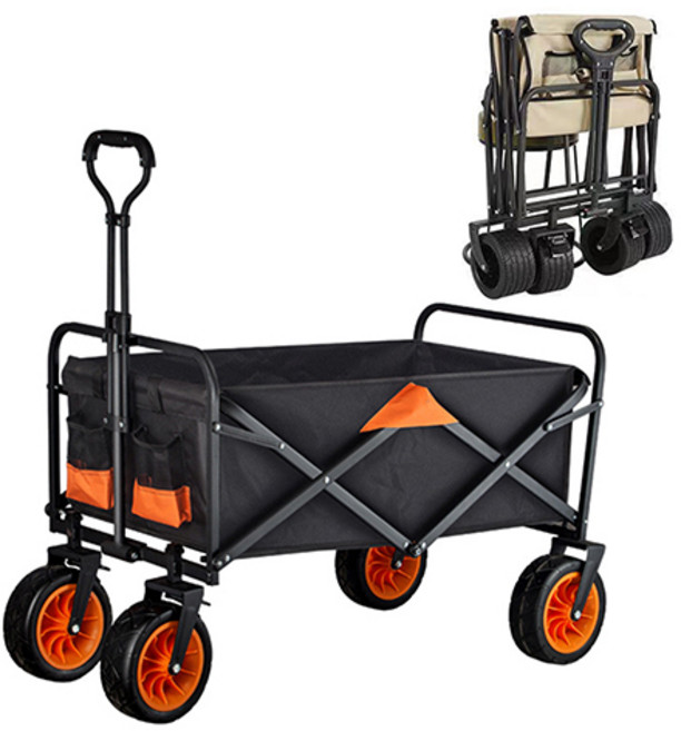 900D 특대형 투톤 폴딩 캠핑 웨건 카트, 1개, 8인치 블랙오렌지
