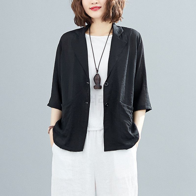 셀러리픽 여성 여름 린넨 반팔 자켓 루즈핏 캐주얼 정장 스타일 오피스룩 자외선 차단 얇은 소재 시원한 출근룩 하객 패션 40대 코디