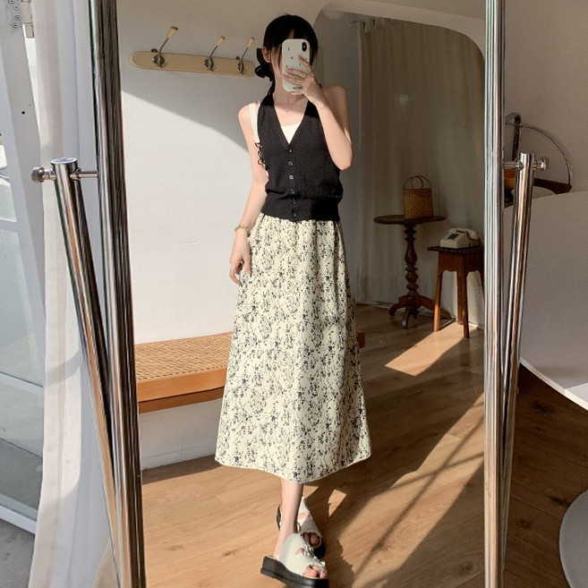 SAHINER 여성 프렌치 A라인 하이웨스트 루즈핏 플라워 롱스커트 LGADQ07