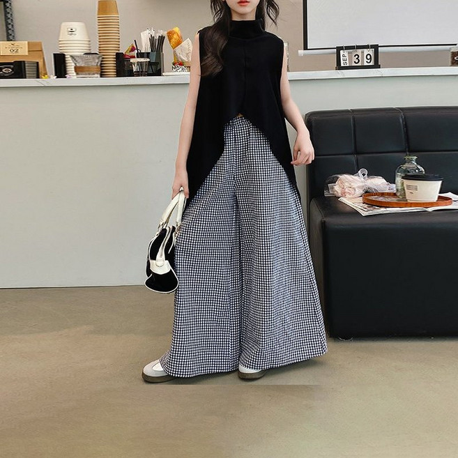 해피유통어린이 패셔너블 색상 믹스 세트 우아한 민소매와 체크 롱팬츠 디자인14세 이상 XG03