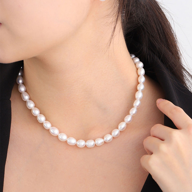 쥬릭스 밥풀 좁쌀 쌀알 오벌 담수 진주목걸이 레이어드 초커
