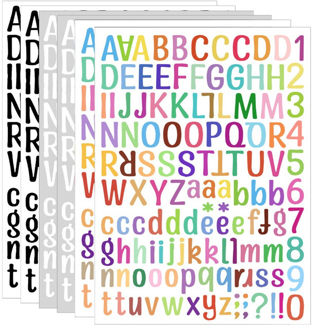 올리브파티 동글체 알파벳 레터링 방수 스티커 화이트 블랙 컬러 노트북 텀블러 스티커 세트, 1세트, 화이트2매+블랙2매+컬러2매