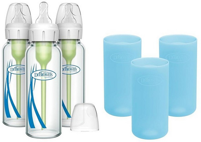 미국출고 평점4.5+ 235501 닥터 옵션스 플러스 내로우넥 유리 젖병 250ml & 슬리브 각 3개입, Blue, 8 oz