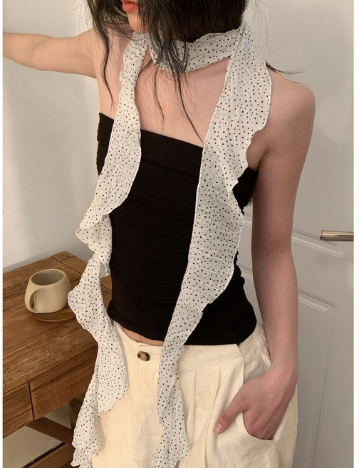 무니유유 여성 트렌디 프릴 도트 무늬 실크 슬림 롱타이 코디 스카프