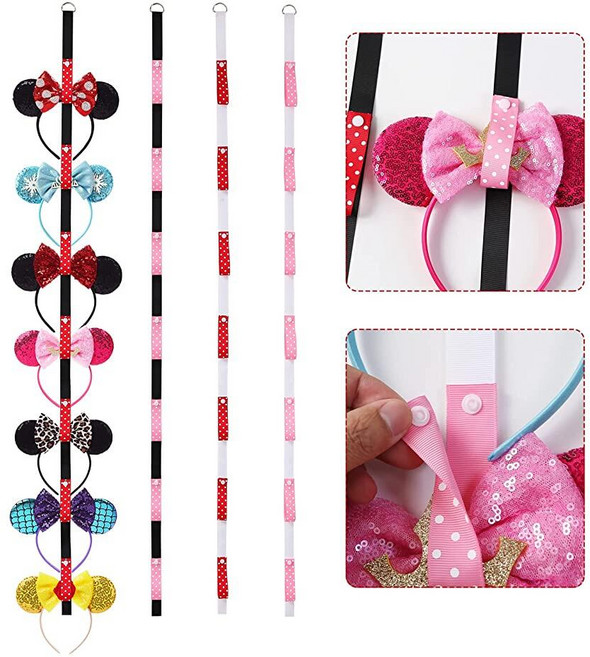 Nuolich 4피스 마우스 귀 머리띠 홀더 폴카 도트 수직 헤드피스 오거나이저 벽걸이 벽 디스플레이 장식 헤어 리본 액세서리 행거 홀더 레드 핑크 186495