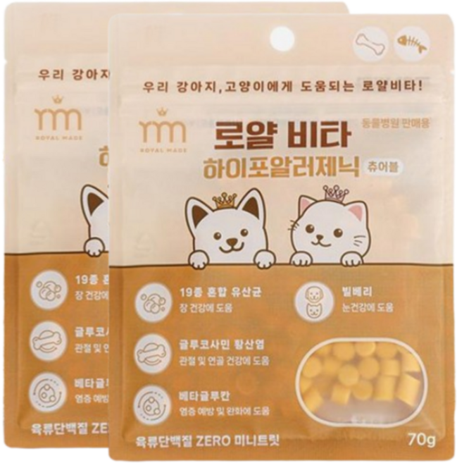 로얄비타 하이포알러제닉 츄어블 70g 동물병원판매용 저알러지 가수분해간식, 60g, 피부/피모+알러지, 2개