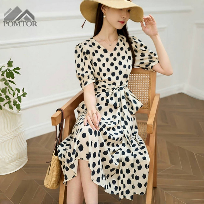 POMTOR 여름 여성용 브이넥 루즈핏 빅사이즈 바캉스룩 도트 롱 원피스