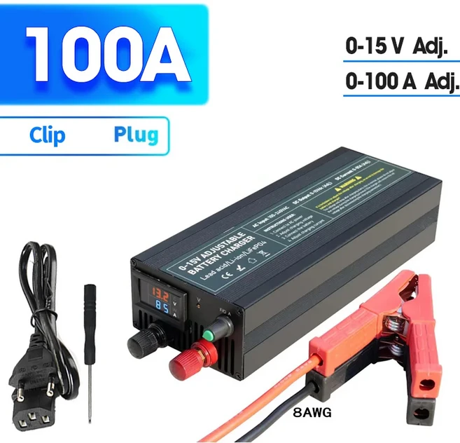 Lifepo4 충전기 12V 60A 100A 리튬 배터리 110V-240V 입력 0-15V 용 조정 가능한 빠른 고속 어댑터, 02 영국, 01 CHINA, 03 DT100A with Clip