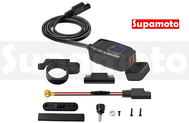 Supamoto QC3.0快充 電壓顯示 USB.2 雙車充 帶開關 IP65防水 SAE 檔車/車把/機車改裝, 一套, 黑色