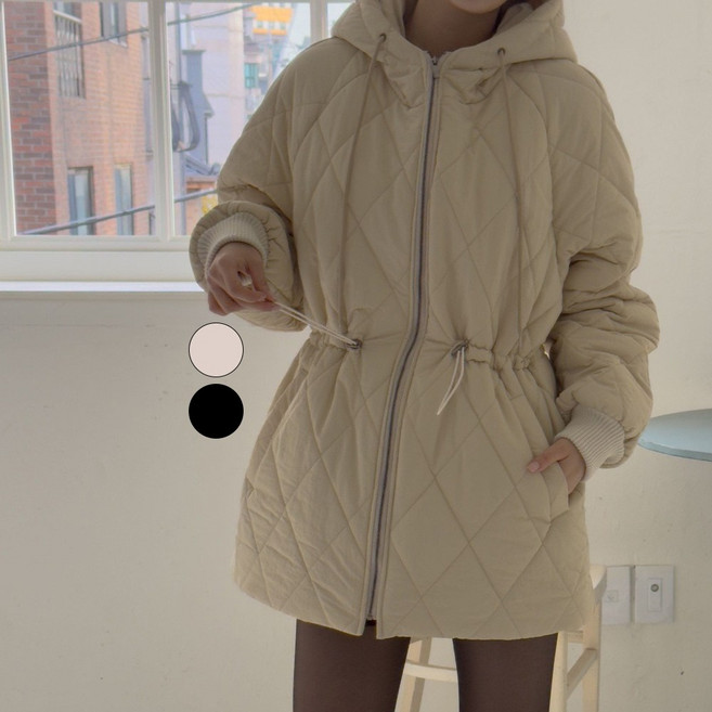 빅걸스토리 빅사이즈 여성 허리 스트링 후드 레코브 누빔 점퍼