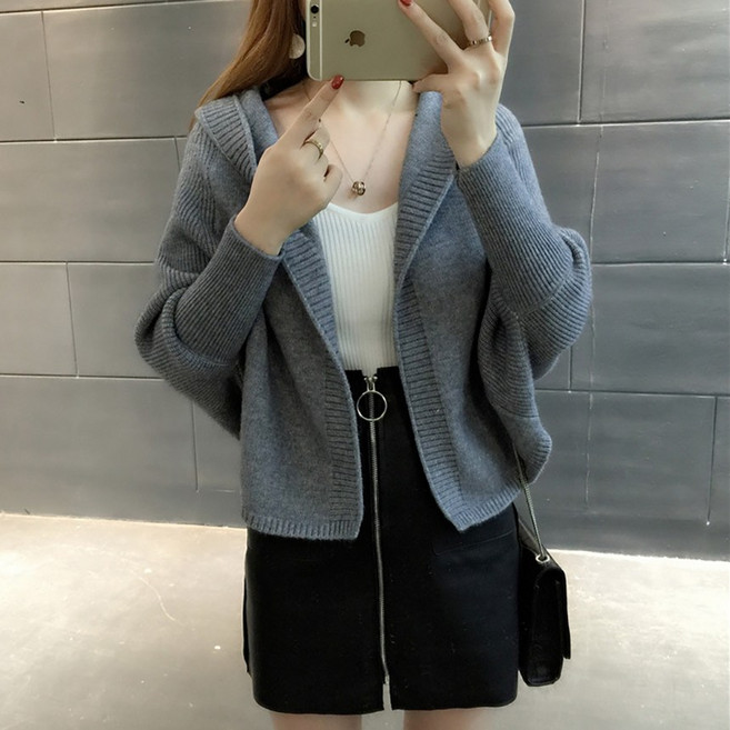 여성 골지 소매 가오리 오픈 후드 니트 가디건 가오리오픈후드가디건