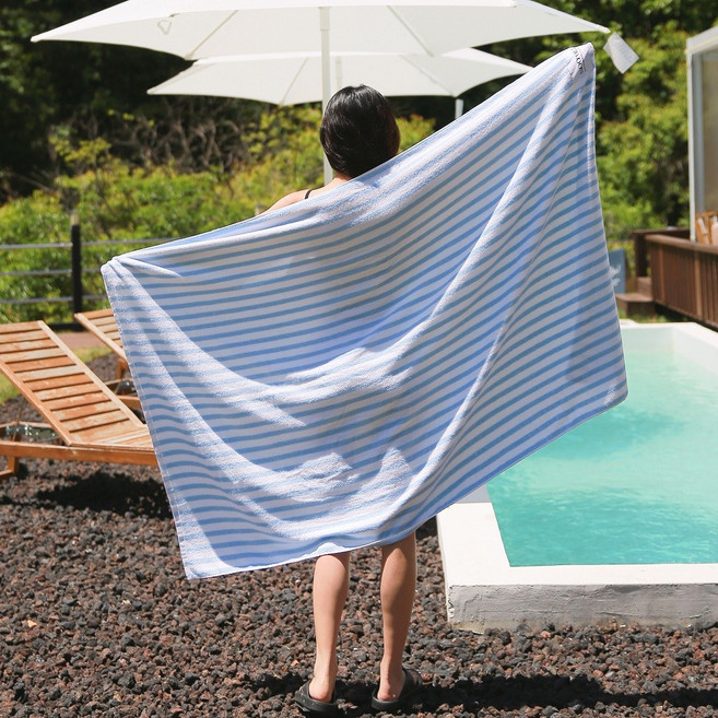 수올리 특대형 비치타월 면 100% 물놀이 스트라이프 비치타올 캠핑 담요 큰수건, 1개, 블루