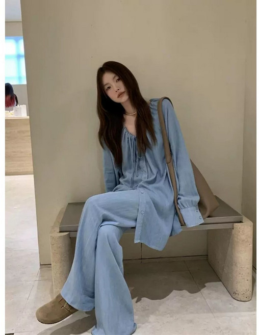 해피유통 여성 투피스 봄가을 무지 루즈핏 셔츠 와이드 팬츠 캐주얼 세트 why wcy