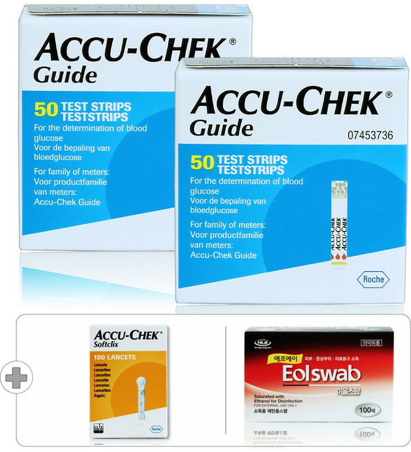 로슈 아큐첵 가이드 당뇨 혈당 검사지 시험지 측정지 100매+정품침 100개+솜 100매, 1개, 1세트