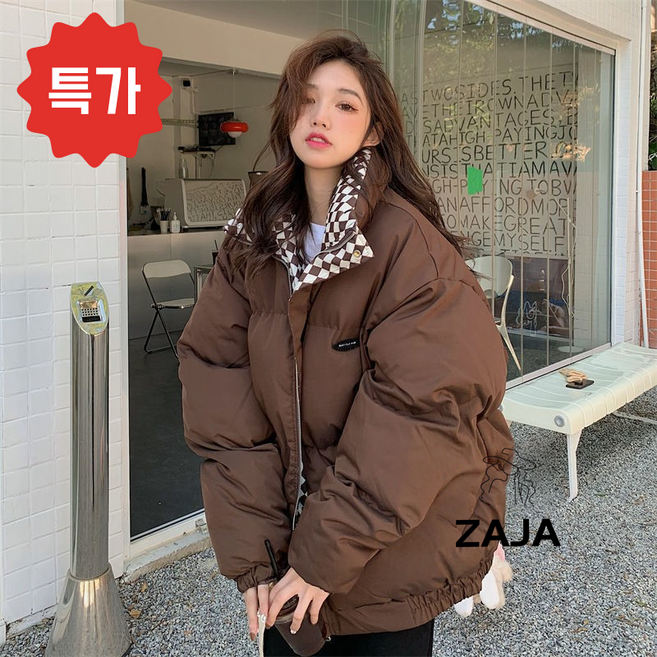 ZAJA 여성 오버핏 체크 패딩 도톰 숏패딩 빅사이즈 데일리 패딩 자켓