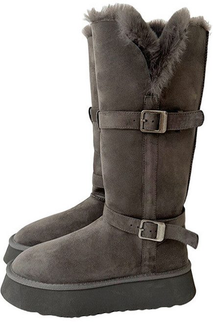 灰色加絨厚底長筒雪地靴