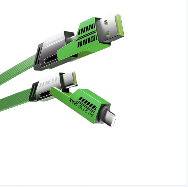 PD65W超級快充數據線 一線多用Type-C/Lightning/USB多接口通用充電線 四合一機甲綠色, 四合一機甲快充傳輸線綠色, 1個, 200cm