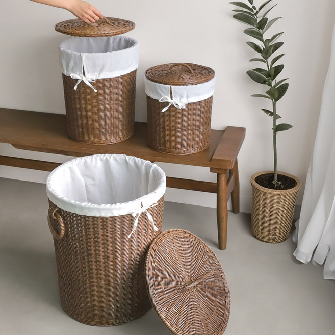 라탄 대형 뚜껑빨래바구니 세탁바구니 세탁물 런드리백 런드리바스켓, 루마라탄 루이 원형뚜껑바구니 (대)