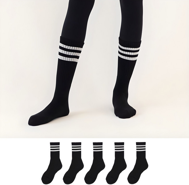 가나양말 여성용 프리미엄 이중바닥 쿠션 삼선 스포츠 장목 양말 5켤레 세트