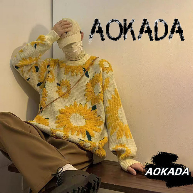 AOKADA 니트 남자 가을 겨울 일본 스타일 빈티지 국화 패턴 자수 니트 스웨터 패셔너블 루즈한 라운드넥 캐주얼 보온 니트 외투
