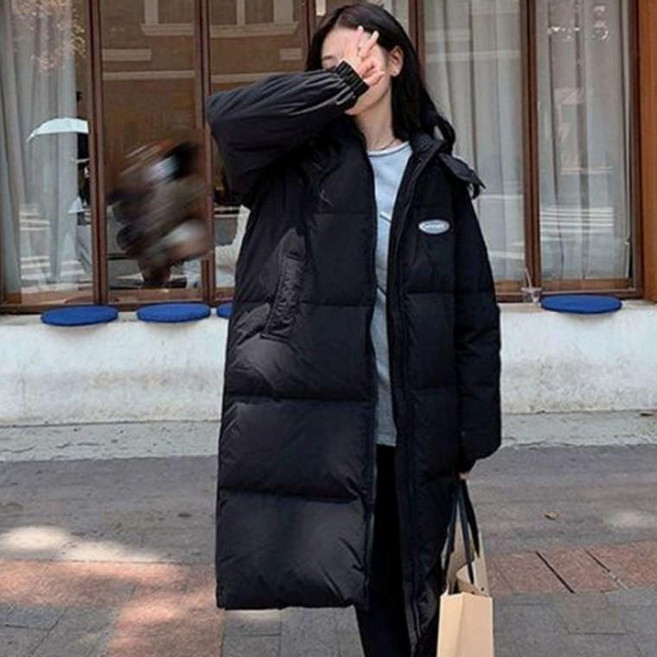 투웨이 여성 후드 패치 심플 데일리 롱패딩 로고