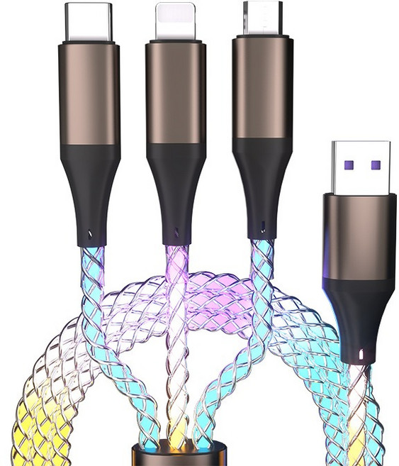 Mosashoe 3in1 LED RGB 발광 케이블 초고속 충전 USB-AC 타입 아이폰 발광 케이블, 1개, 채색