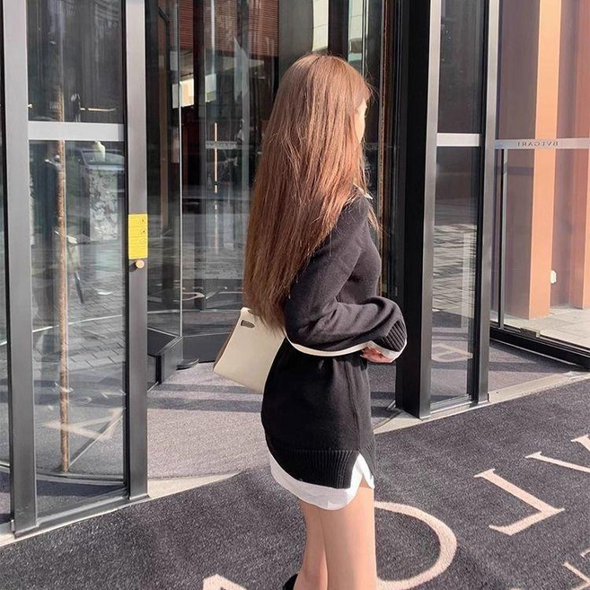 無品牌 假兩件襯衫針織連衣裙女秋冬小個子修身顯瘦打底內搭短裙子