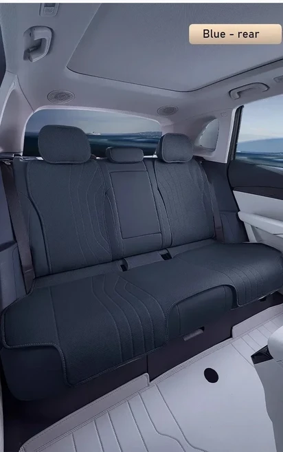 Geely E5 용 카시트 커버 사계절 가죽 통기성 앞/뒤 행 쿠션 보호대 액세서리, 02 Blue-Rear Row, 02 with Leg Support