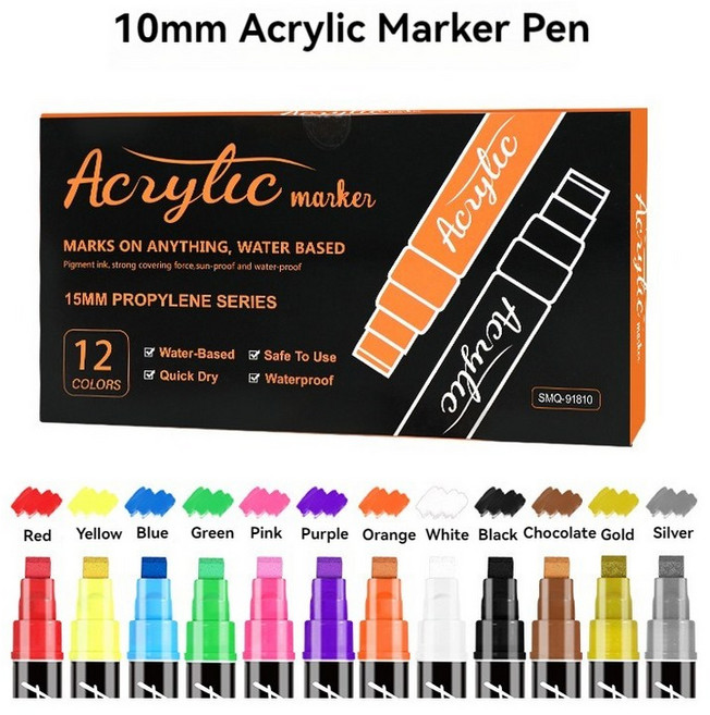 대용량 아크릴 페인트 마커 펜 10MM 울트라 와이드 라인 폭 12 색 팝 컬러 손으로 그린 ​​광고 포스터, 01 10MM  12 Colors