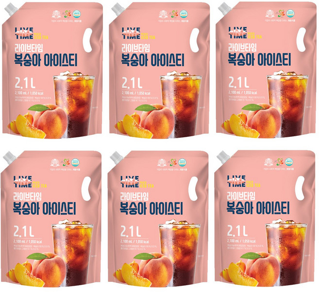태웅 라이브타임 복숭아아이스티 대용량파우치음료, 2.1L, 6개