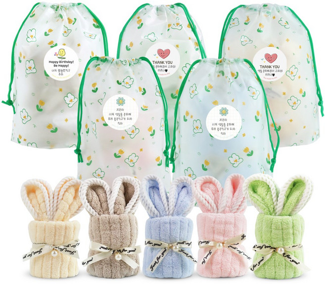 니즈엘 KC인증 곰돌이 수건 답례품 어린이집 생일 선물 구디백 토끼 고리수건 25X50, 도톰토끼수건, 5세트